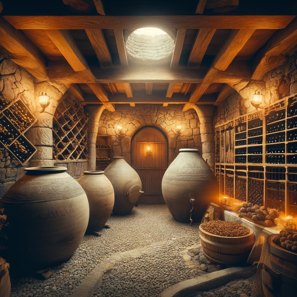 Cozy interior of a traditional Georgian qvevri winemaking cellar with exposed stone walls, wooden beams, and embedded qvevri pots.